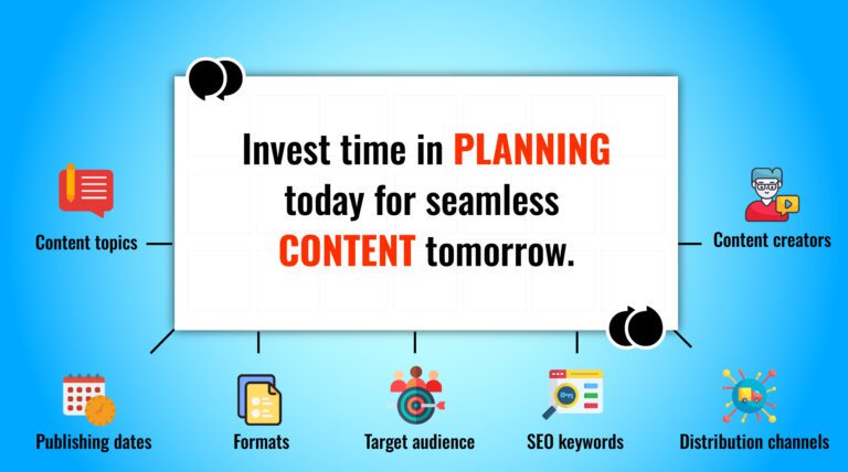 A simple infographic showing "Invest time in PLANNING today for seamless CONTENT tomorrow" with connected workflow icons on a blue background