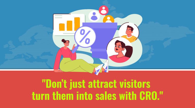 Illustration promoting Conversion Rate Optimization (CRO) with a funnel converting website visitors into customers.
