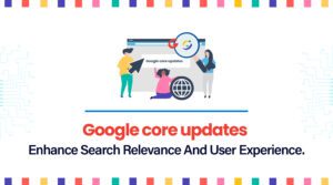 Illustration of people interacting with a web page, representing Google's core updates and their focus on improving search relevance and user experience.
